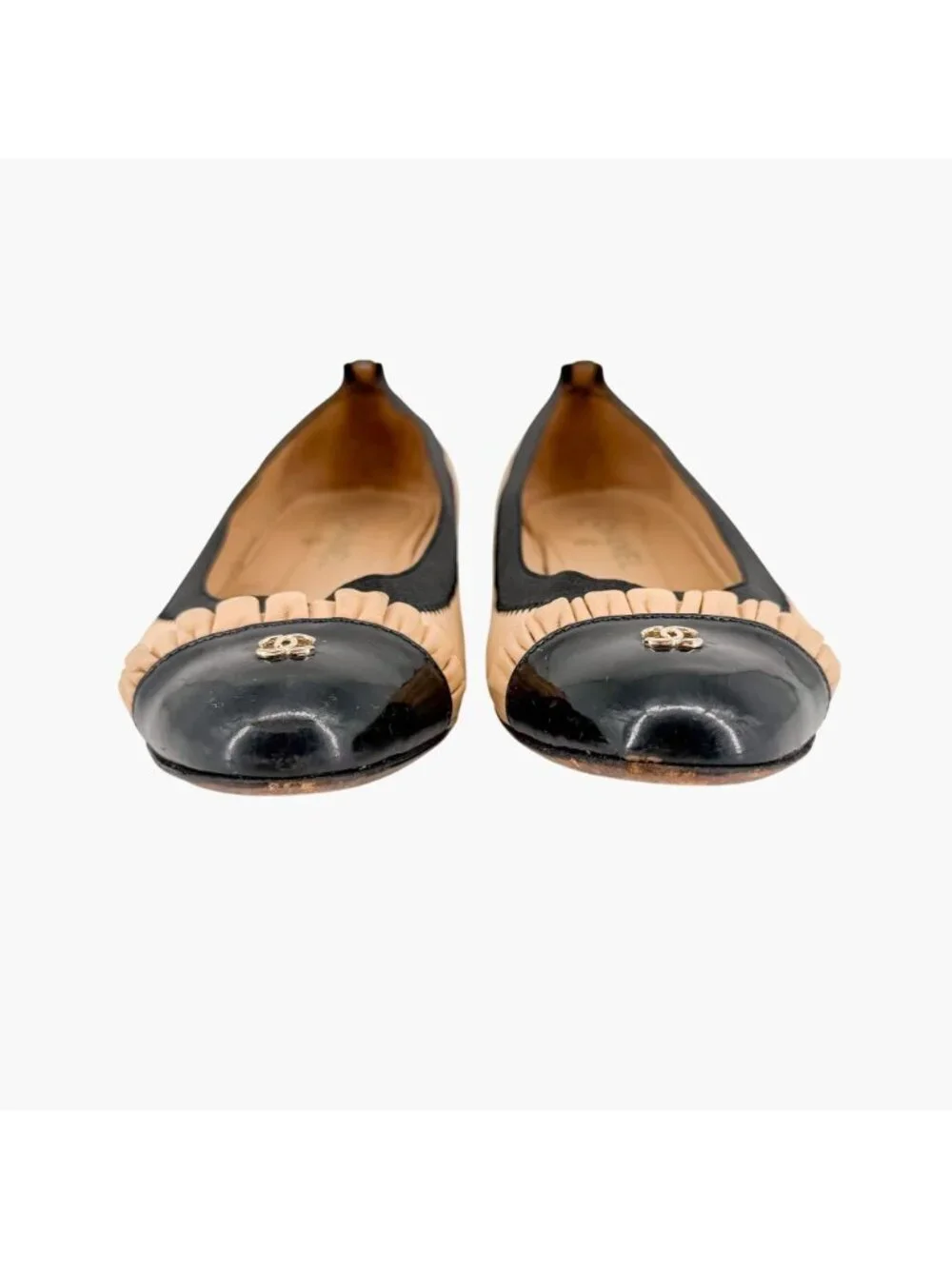 Chanel CC Cap Toe Ballet Flats Beige Black Leather Ruffle Size 39.5 US 8.5-9